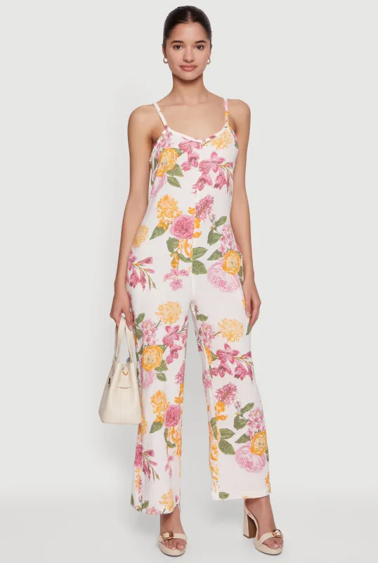 Floral Gauze Knit Straight Leg Cami Jumpsuit made by Rainbow