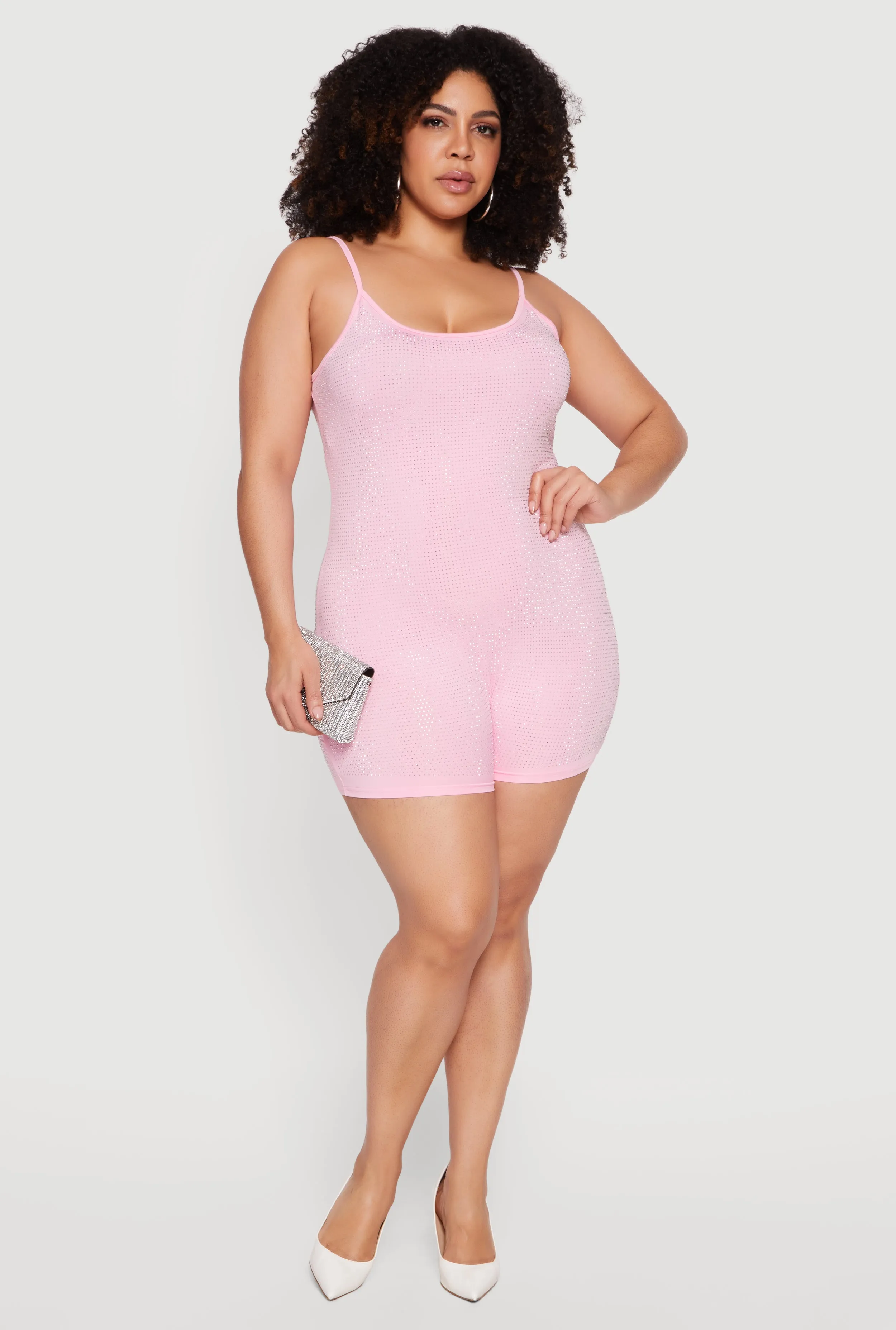 Plus Size Rhinestone Cami Romper sold by Rainbow