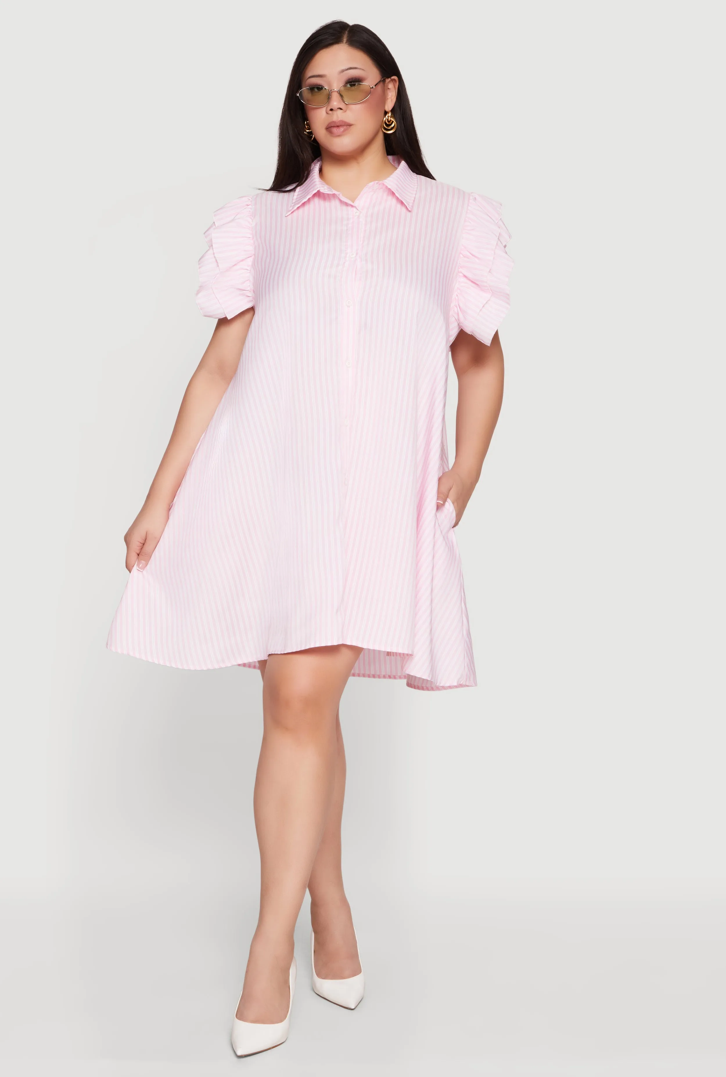 Plus Size Tiered Flutter Sleeve Striped Shirt Dress sold by Rainbow product image thumbnail 5