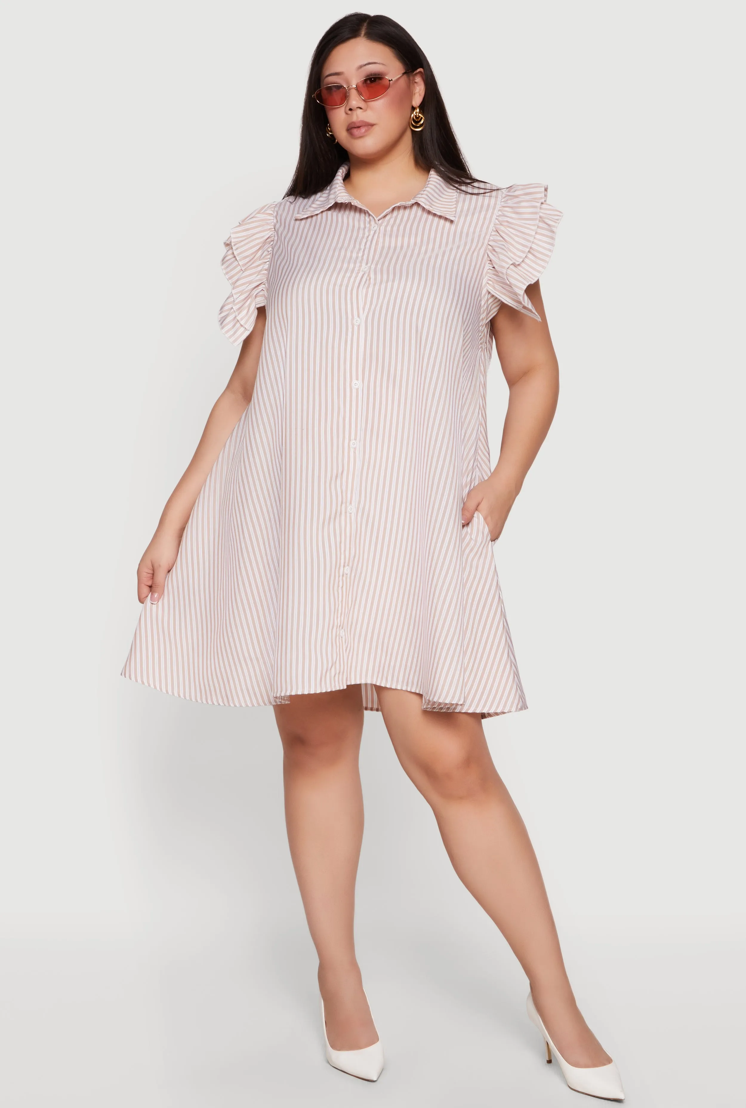 Plus Size Tiered Flutter Sleeve Striped Shirt Dress sold by Rainbow