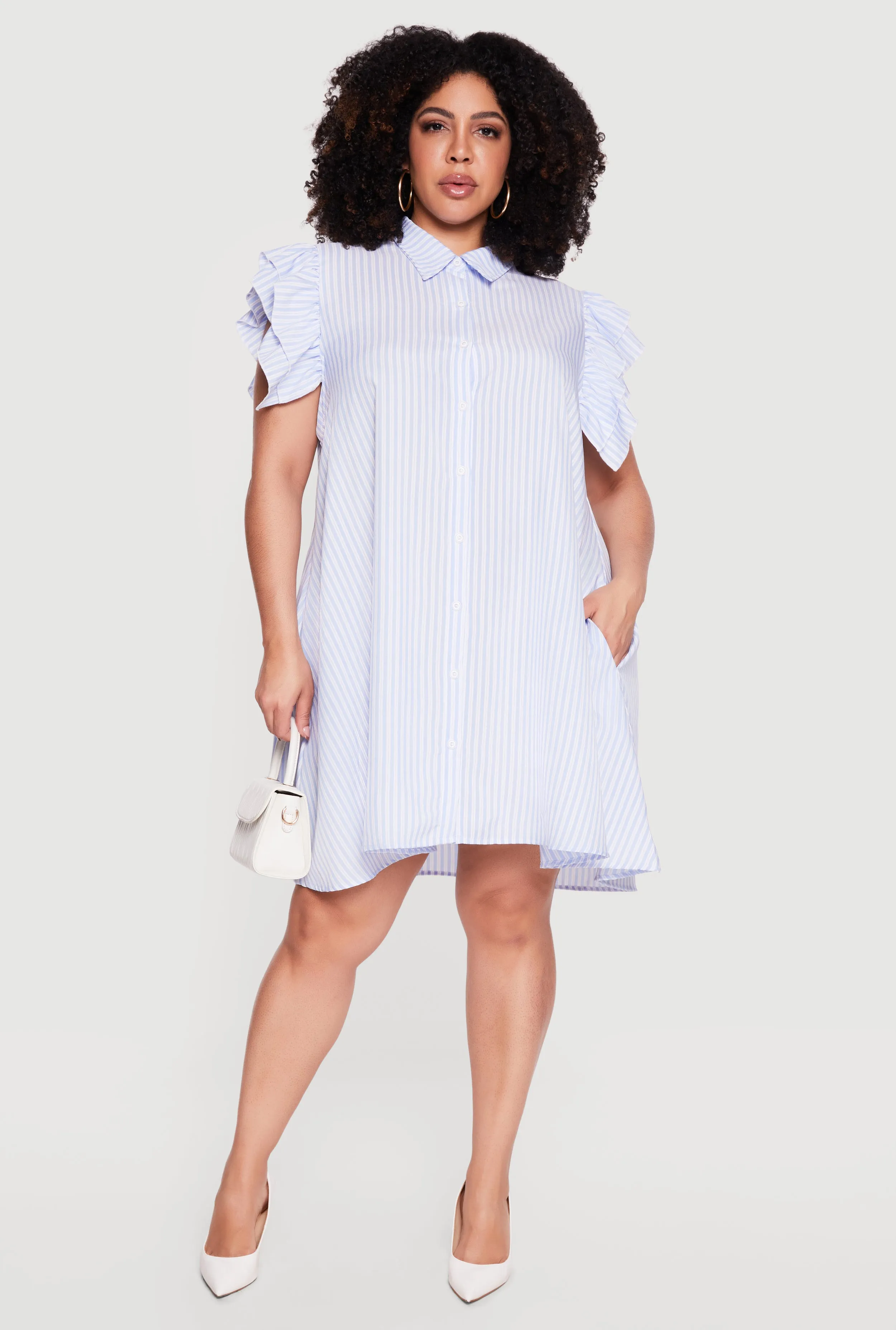 Plus Size Tiered Flutter Sleeve Striped Shirt Dress sold by Rainbow product image thumbnail 3