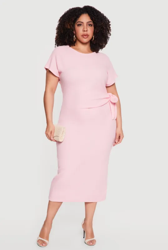 Plus Size Short Sleeve Midi Dress with Side Tie Detail made by Rainbow