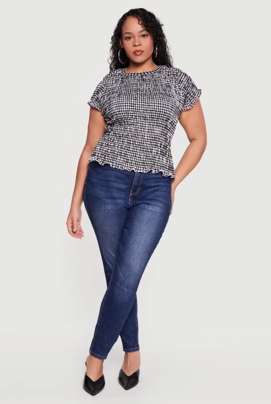 Plus Size Gingham Short Sleeve Smocked Blouse made by Rainbow
