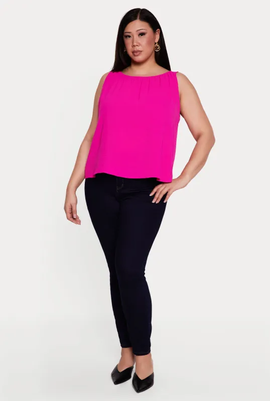 Plus Size Sleeveless Ruched Neck Crepe Knit Blouse made by Rainbow