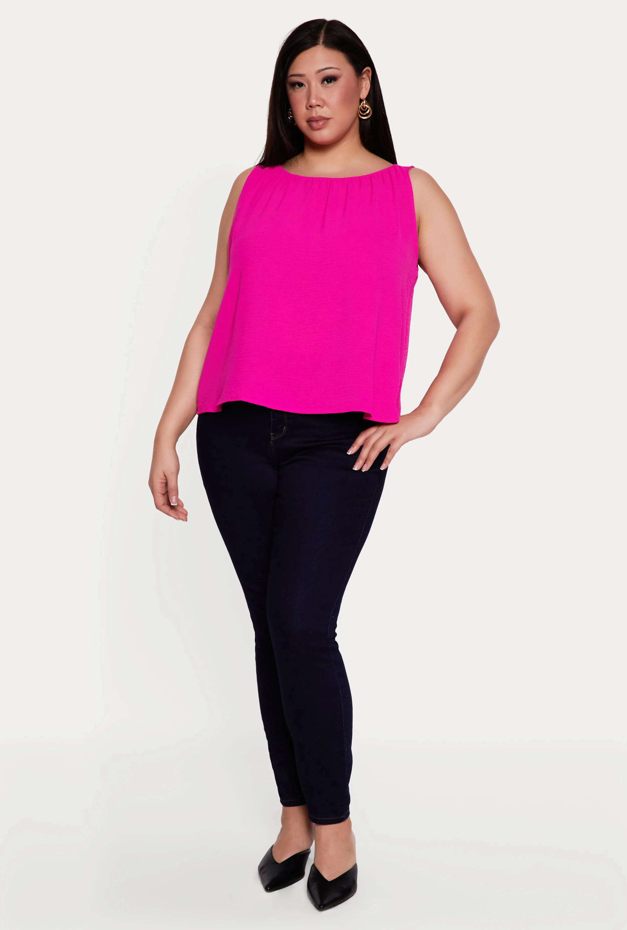 Plus Size Sleeveless Ruched Neck Crepe Knit Blouse sold by Rainbow