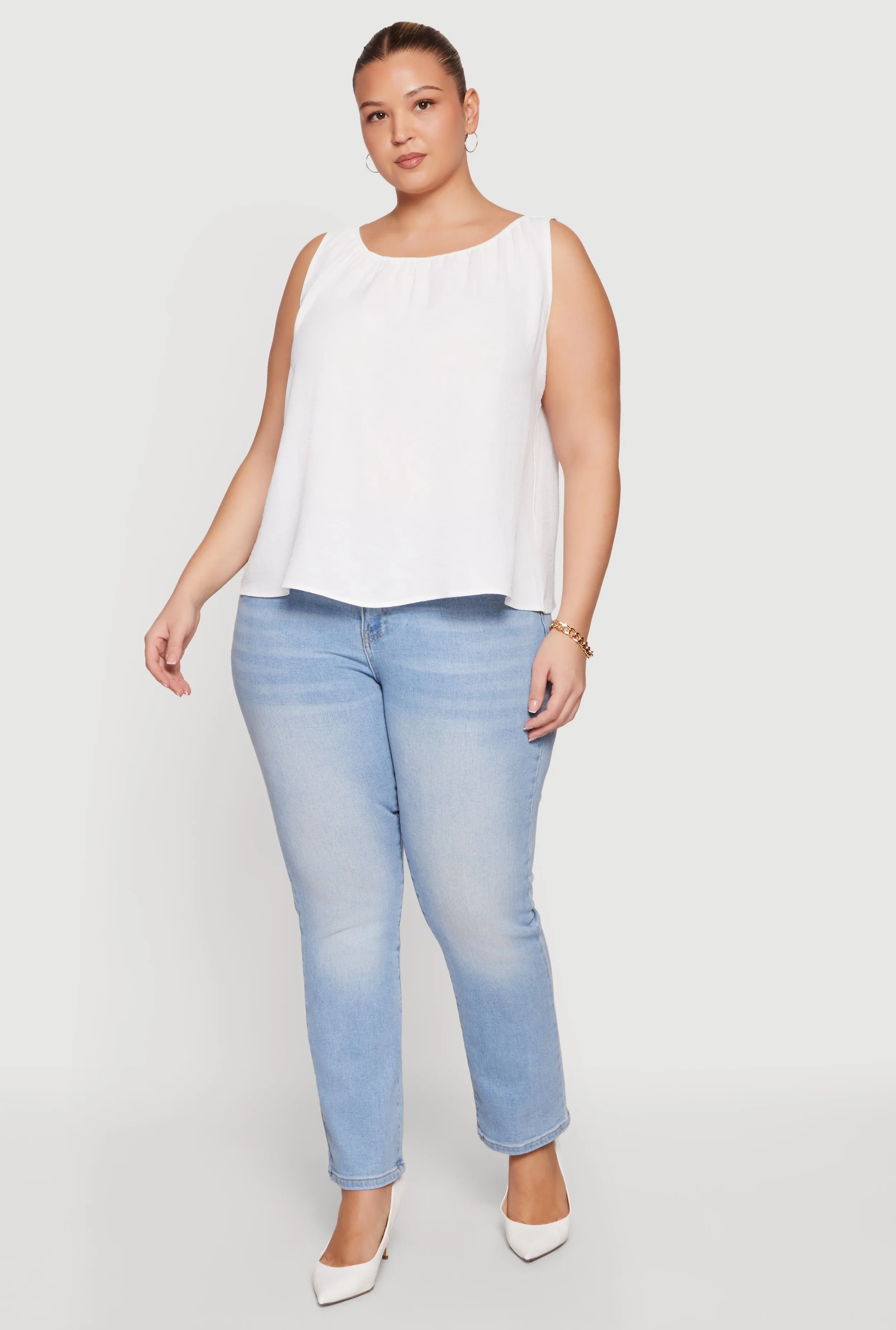 Plus Size Sleeveless Ruched Neck Crepe Knit Blouse sold by Rainbow