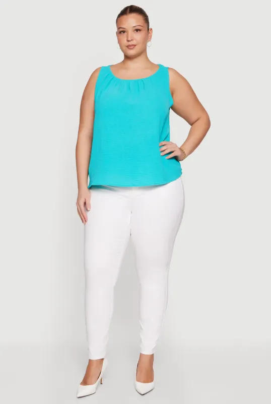 Plus Size Sleeveless Ruched Neck Crepe Knit Blouse sold by Rainbow