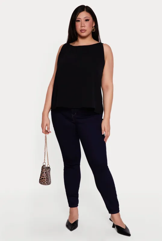 Plus Size Sleeveless Ruched Neck Crepe Knit Blouse made by Rainbow