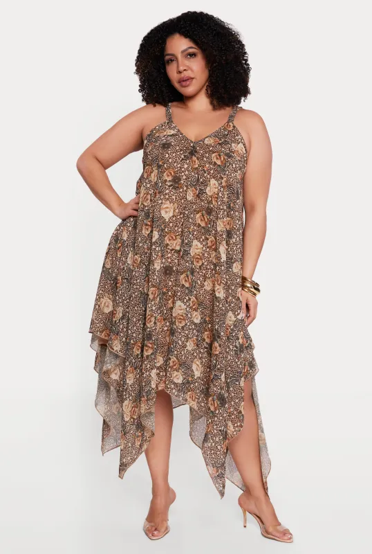 Plus Size Animal Rose Print Handkerchief Hem Dress sold by Rainbow