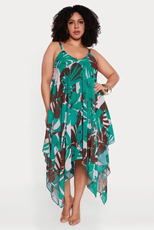 Plus Size Tropical Leaf Print Midi Sundress made by Rainbow