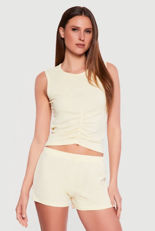 Ruched Front Cropped Pajama Top and Shorts Set made by Rainbow