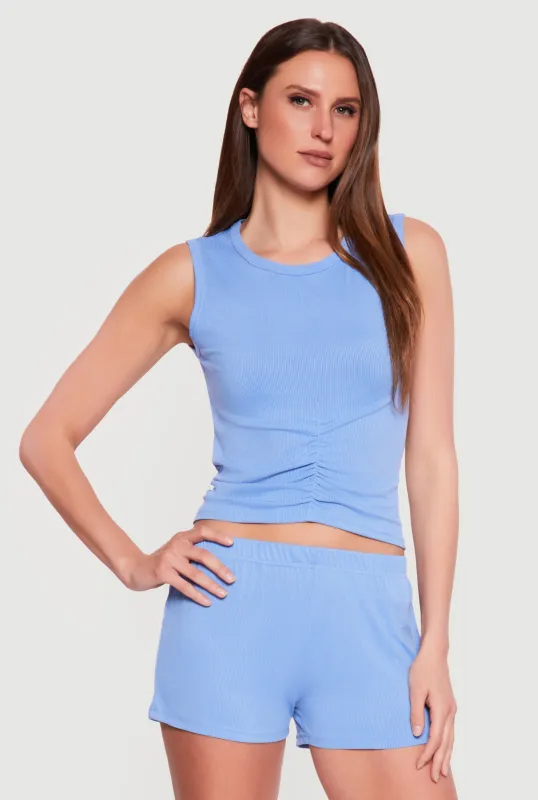 Ruched Front Cropped Pajama Top and Shorts Set made by Rainbow