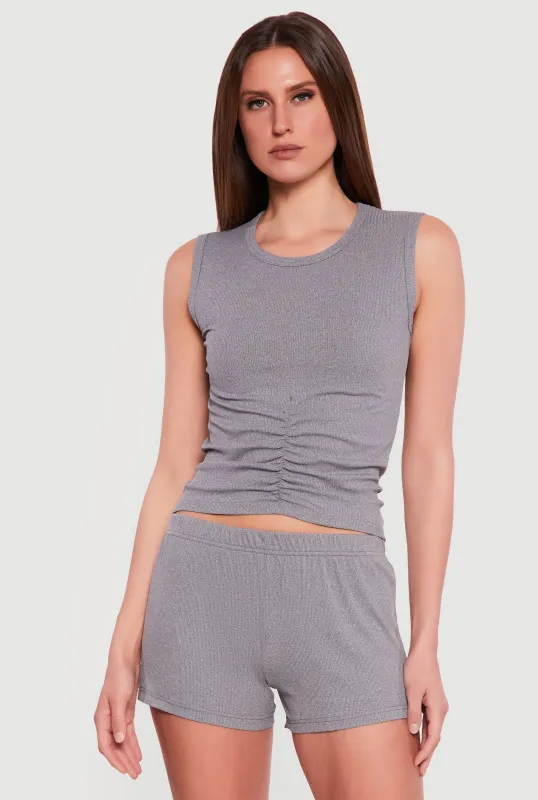 Ruched Front Cropped Pajama Top and Shorts Set made by Rainbow