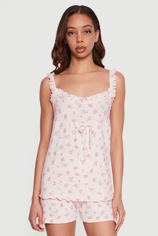 Floral Print Pointellle Ruffle Trim Pajama Cami and Shorts made by Rainbow