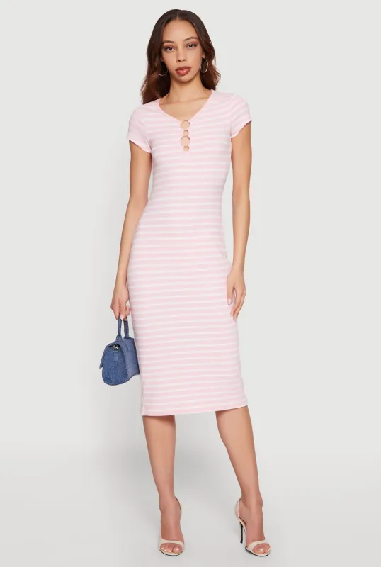O Ring Cut Out Striped Midi Dress made by Rainbow