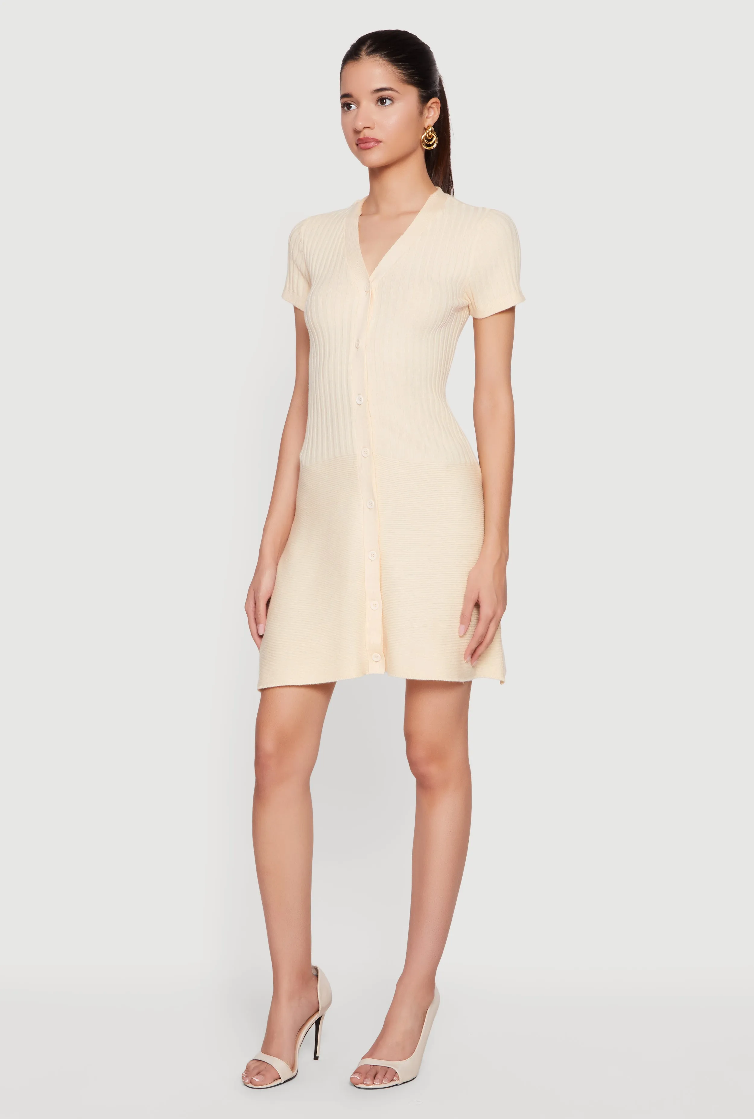 Rib Knit Short Sleeve Button Front Mini Dress sold by Rainbow product image thumbnail 2