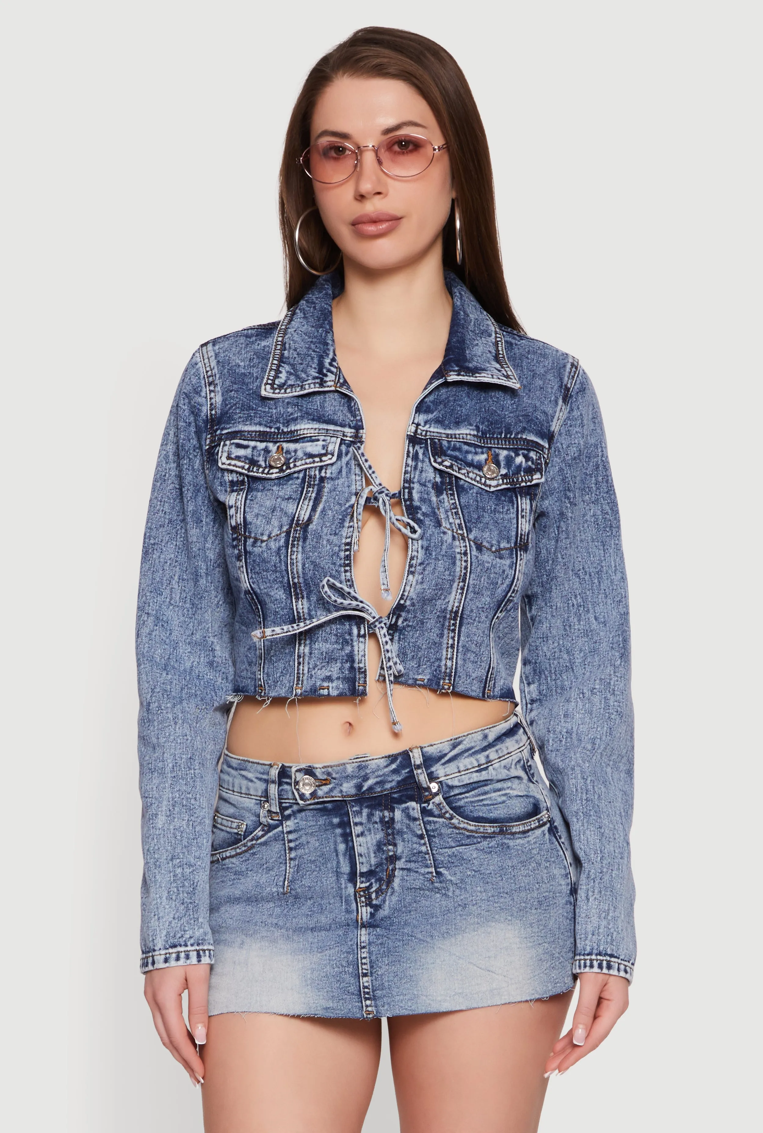 Almost Famous Double Tie Front Cropped Denim Jacket sold by Rainbow product image thumbnail 2