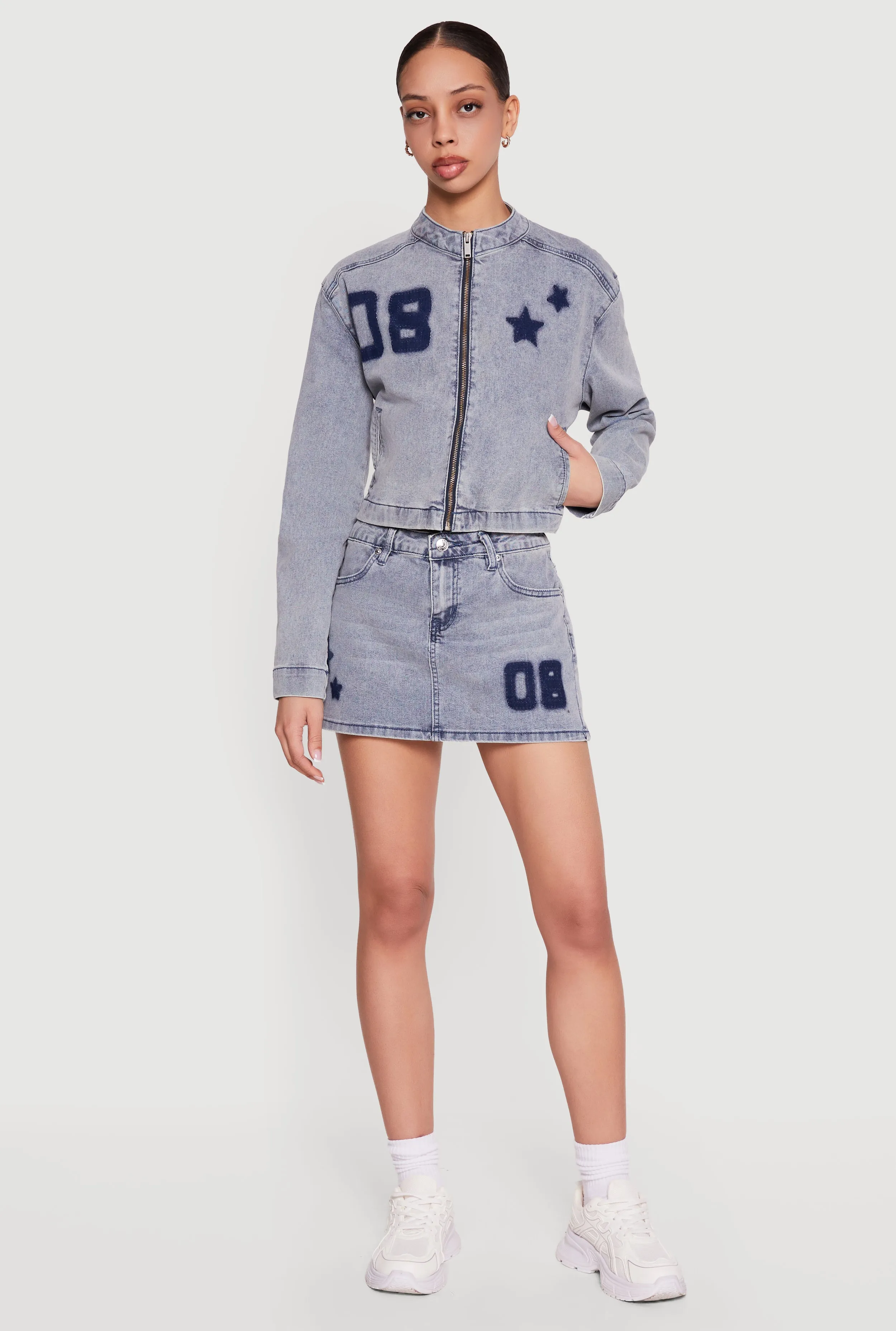 Almost Famous Acid Wash Denim Graphic Zip Front Jacket sold by Rainbow product image thumbnail 2