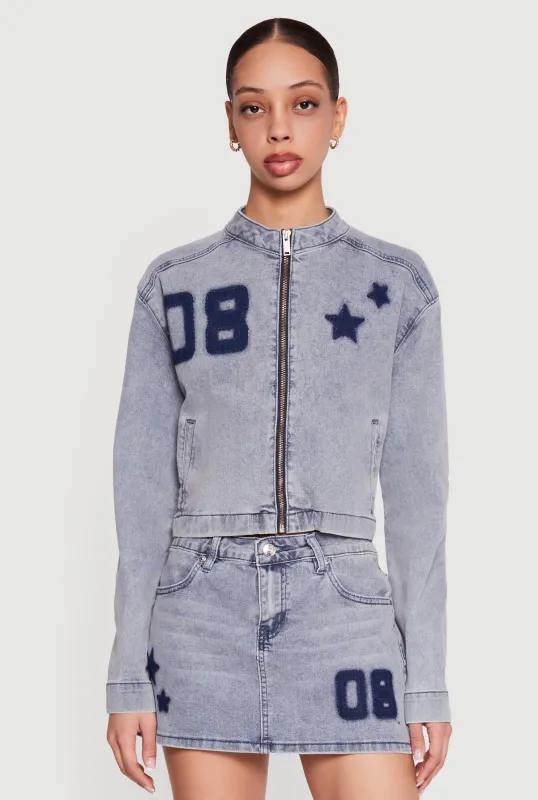 Almost Famous Acid Wash Denim Graphic Zip Front Jacket made by Almost Famous