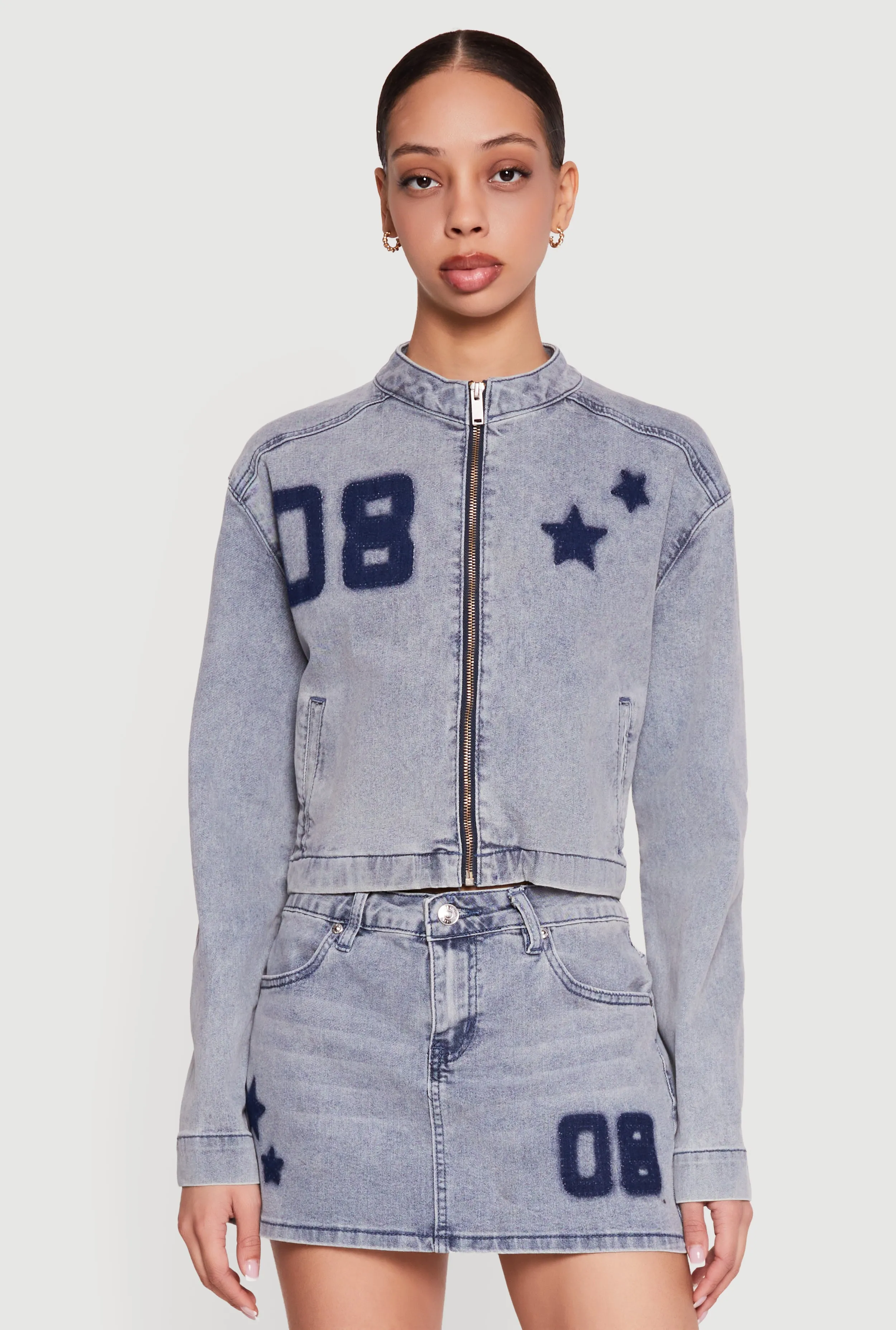 Almost Famous Acid Wash Denim Graphic Zip Front Jacket sold by Rainbow