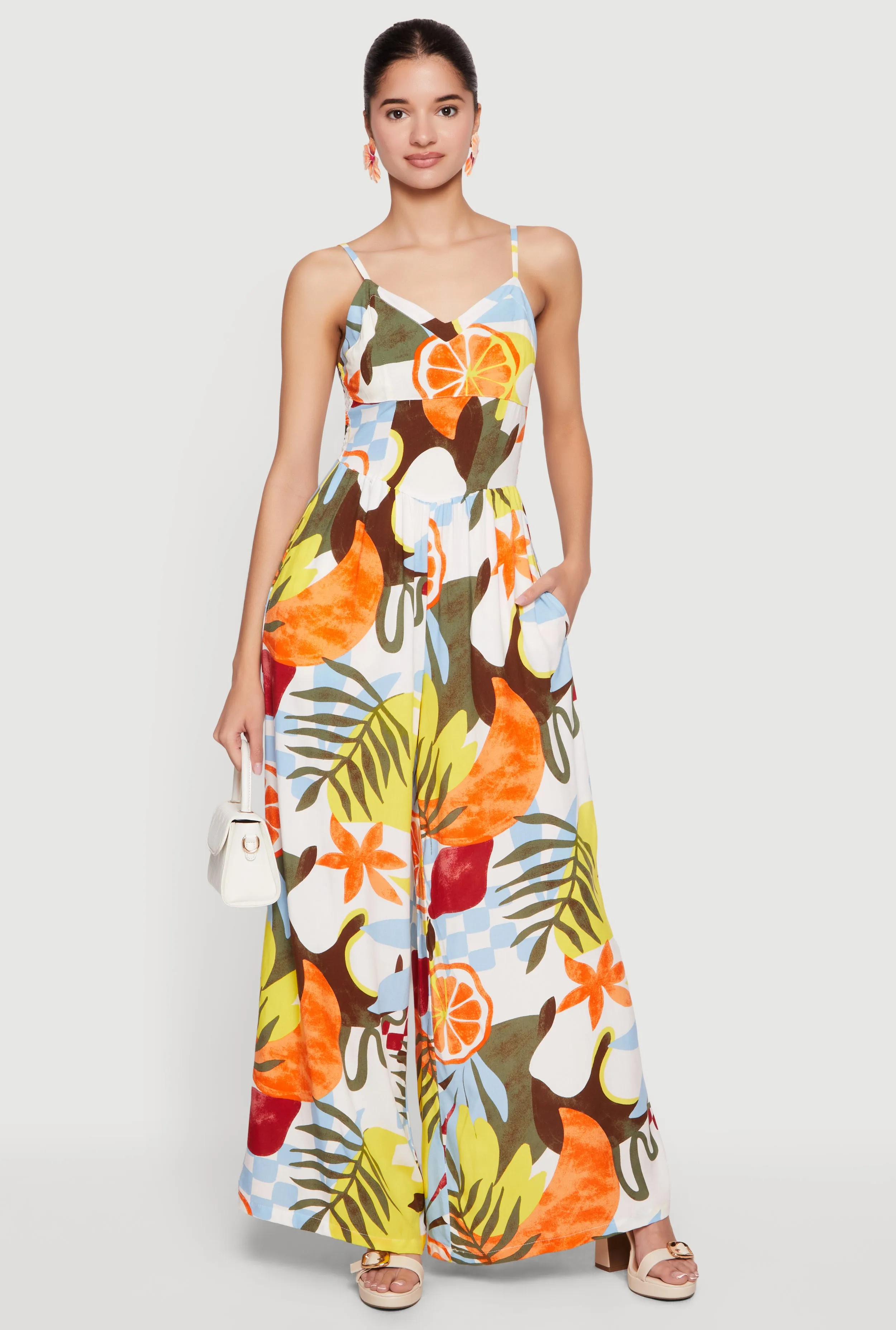 Abstract Tropical Print Wide Leg Cami Jumpsuit sold by Rainbow