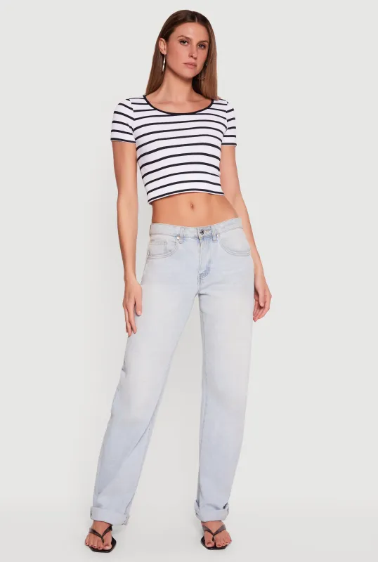 Striped Seamless Short Sleeve Scoop Neck Crop Top made by Rainbow