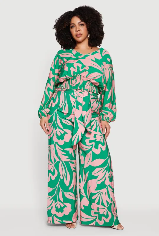 Plus Size Floral Print Tie Front Wide Leg Pants made by Rainbow