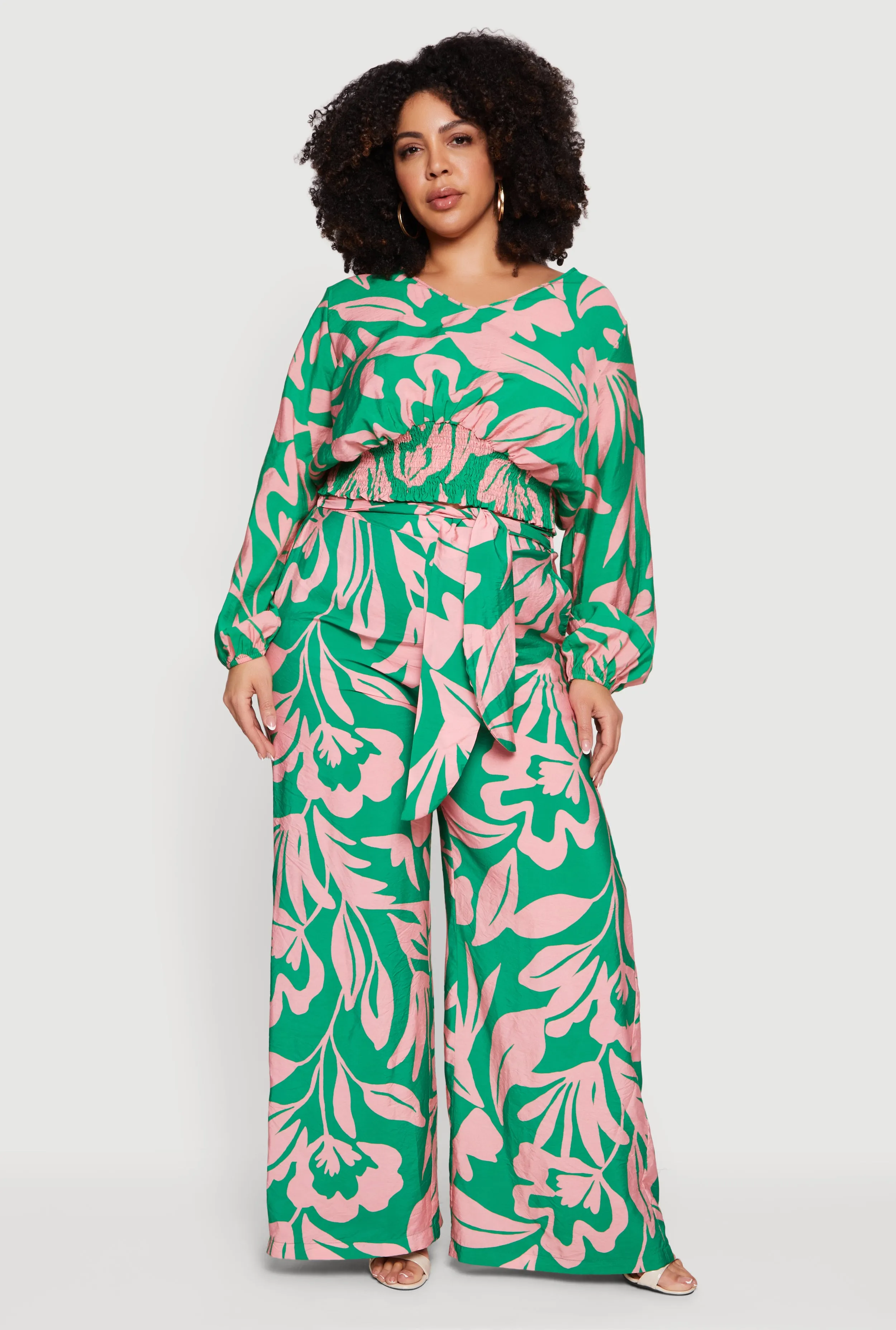 Plus Size Floral Print Tie Front Wide Leg Pants sold by Rainbow