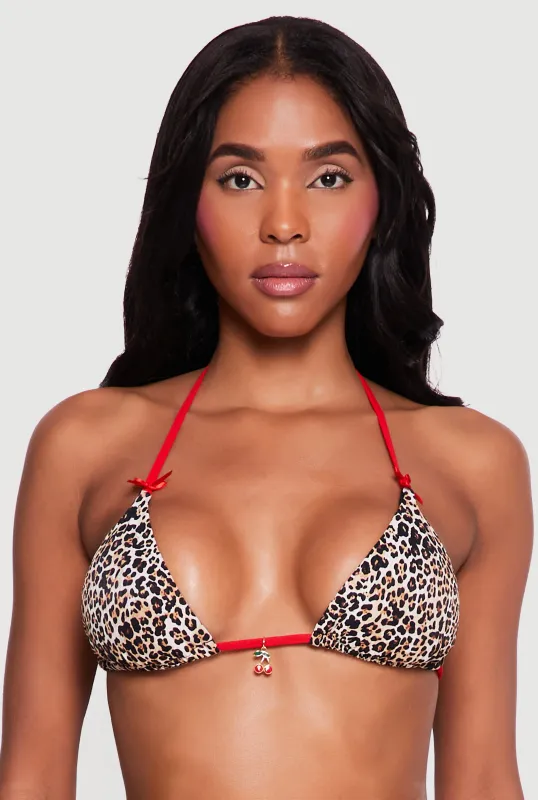 Leopard Print Triangle Bikini Top with Cherry Charm sold by Rainbow