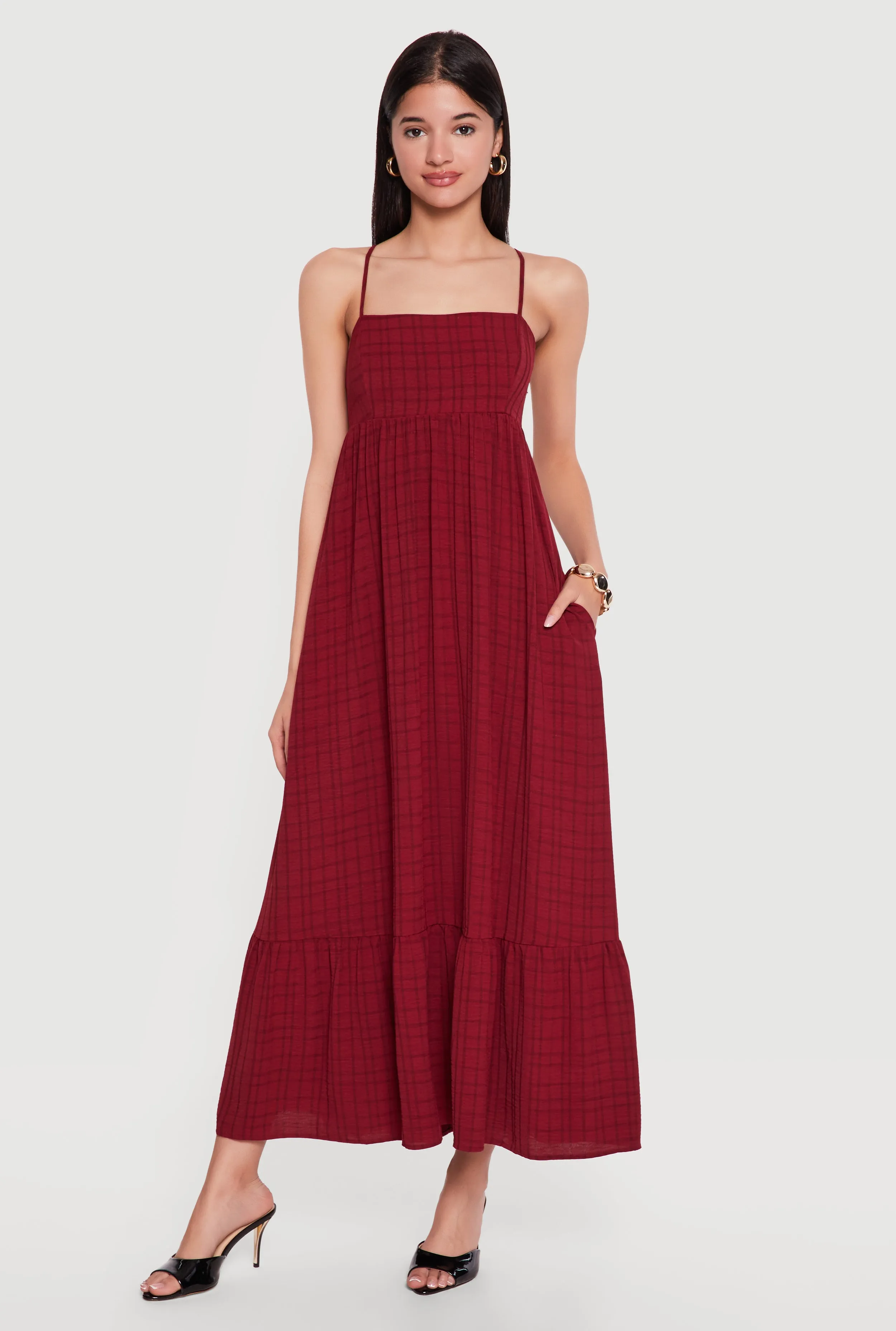 Plaid Crepe Knit Cami Maxi Dress with Pockets sold by Rainbow