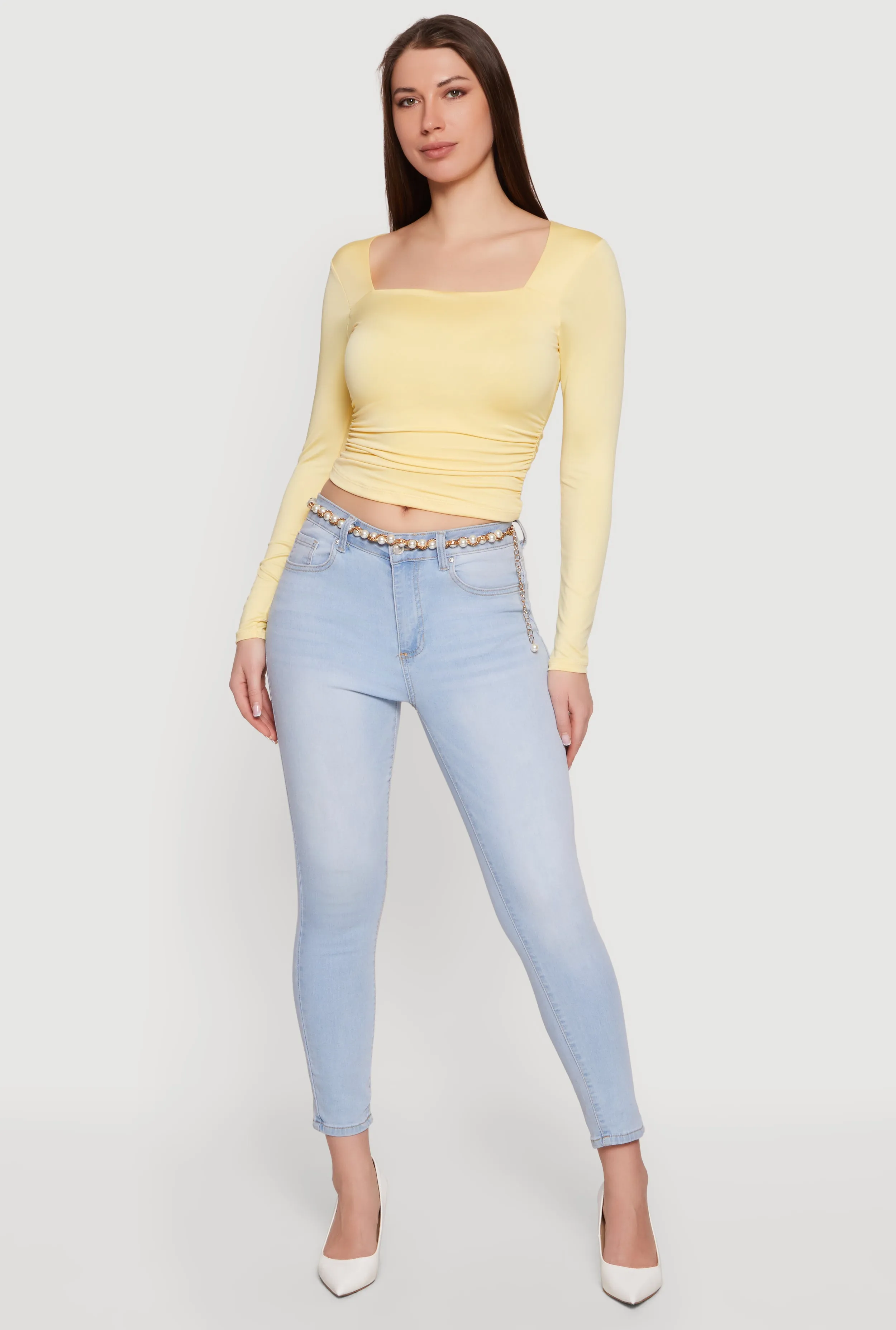 Square Neck Side Ruched Long Sleeve Blouse sold by Rainbow