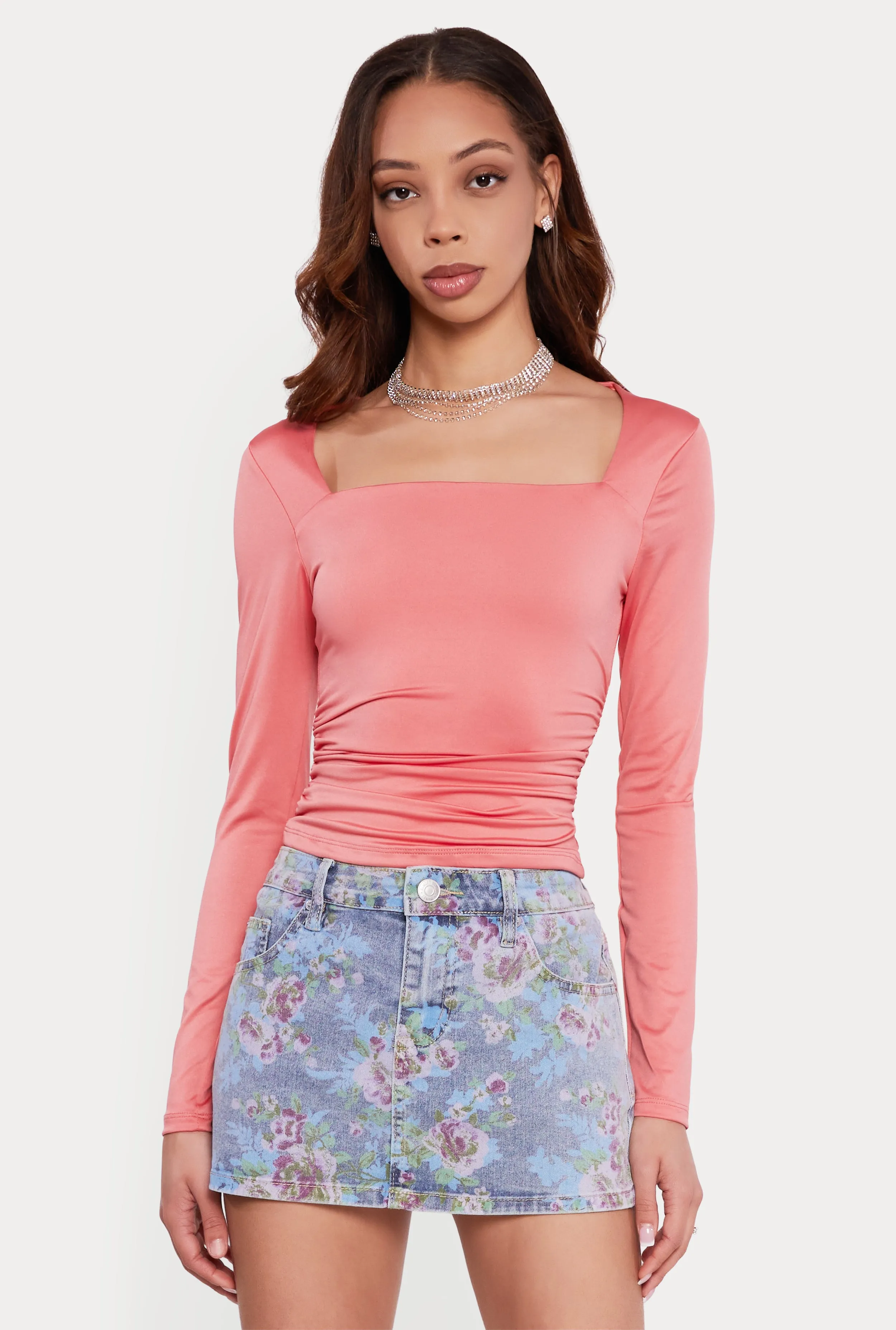 Square Neck Side Ruched Long Sleeve Blouse sold by Rainbow product image thumbnail 2