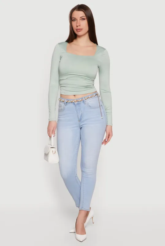 Square Neck Side Ruched Long Sleeve Blouse made by iris