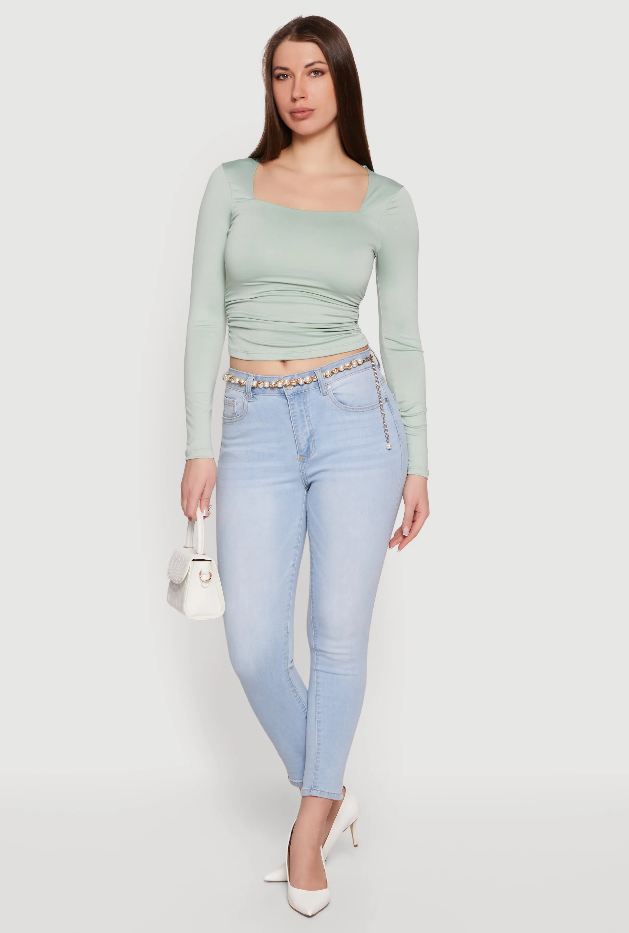 Square Neck Side Ruched Long Sleeve Blouse sold by Rainbow