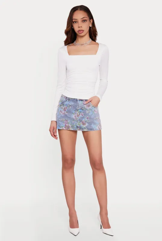 Square Neck Side Ruched Long Sleeve Blouse made by iris