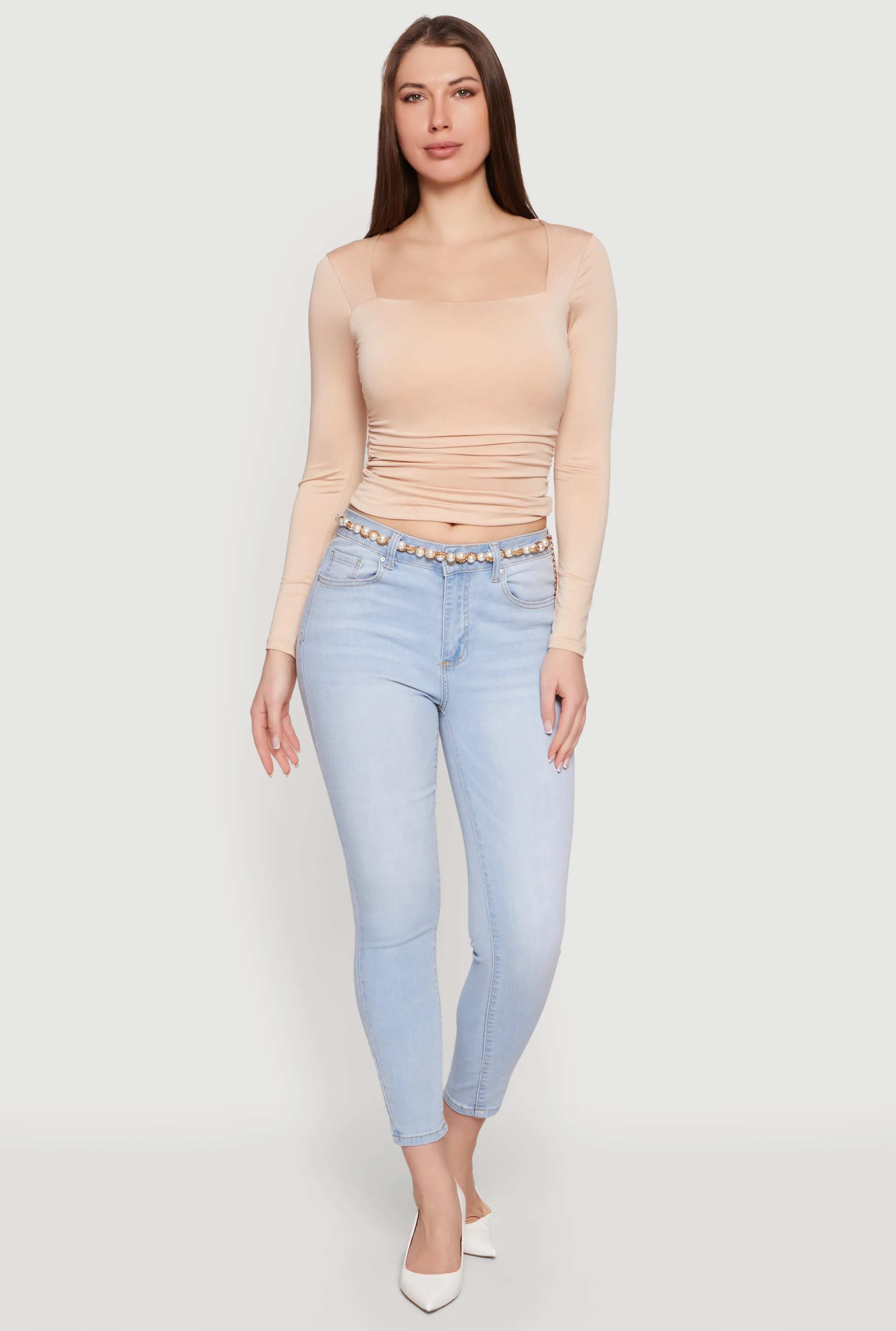 Square Neck Side Ruched Long Sleeve Blouse sold by Rainbow