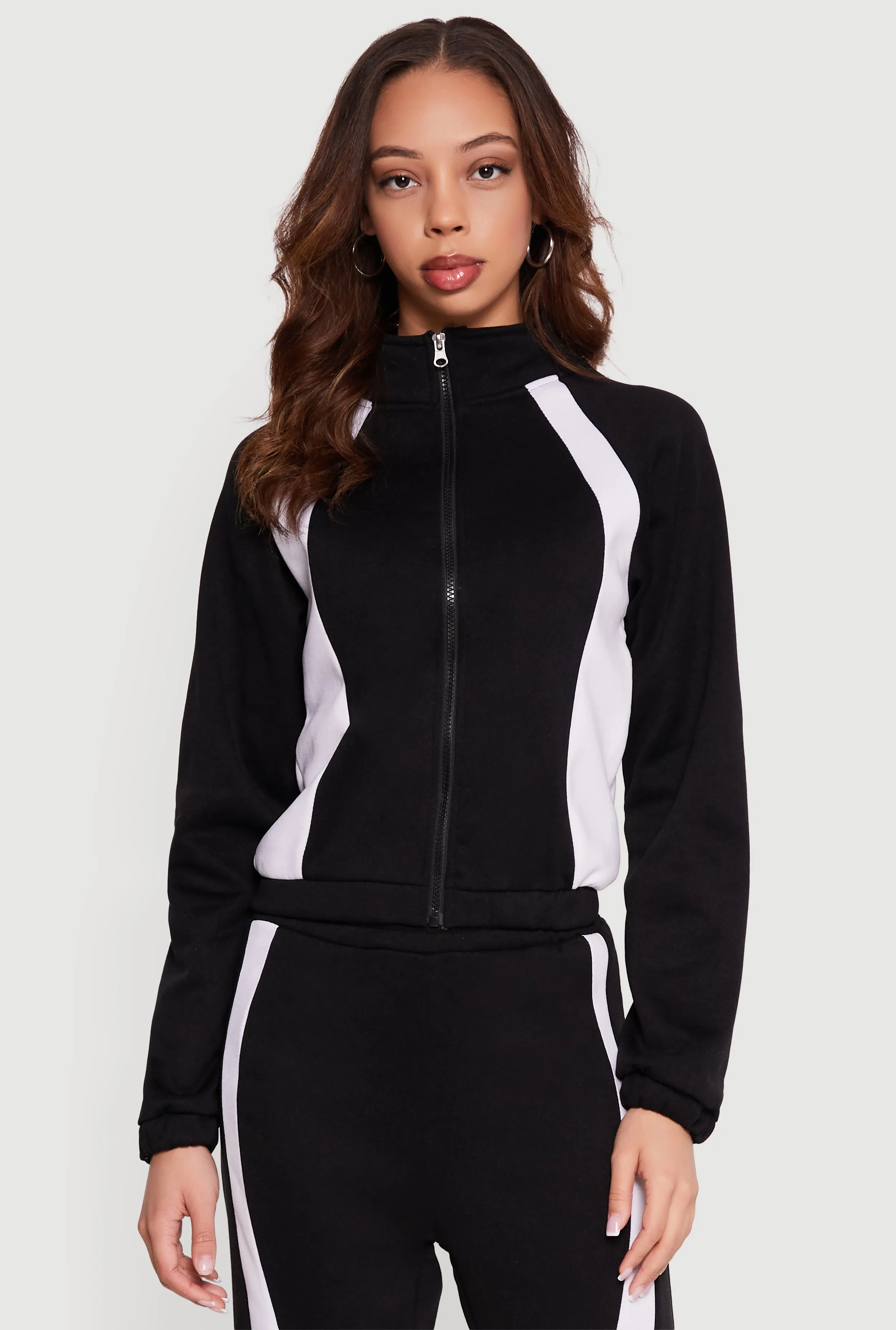 Contrast Trim Mock Neck Zip Front Sweatshirt sold by Rainbow