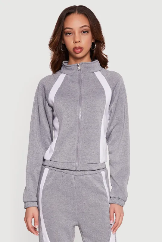 Contrast Trim Mock Neck Zip Front Sweatshirt made by Rainbow