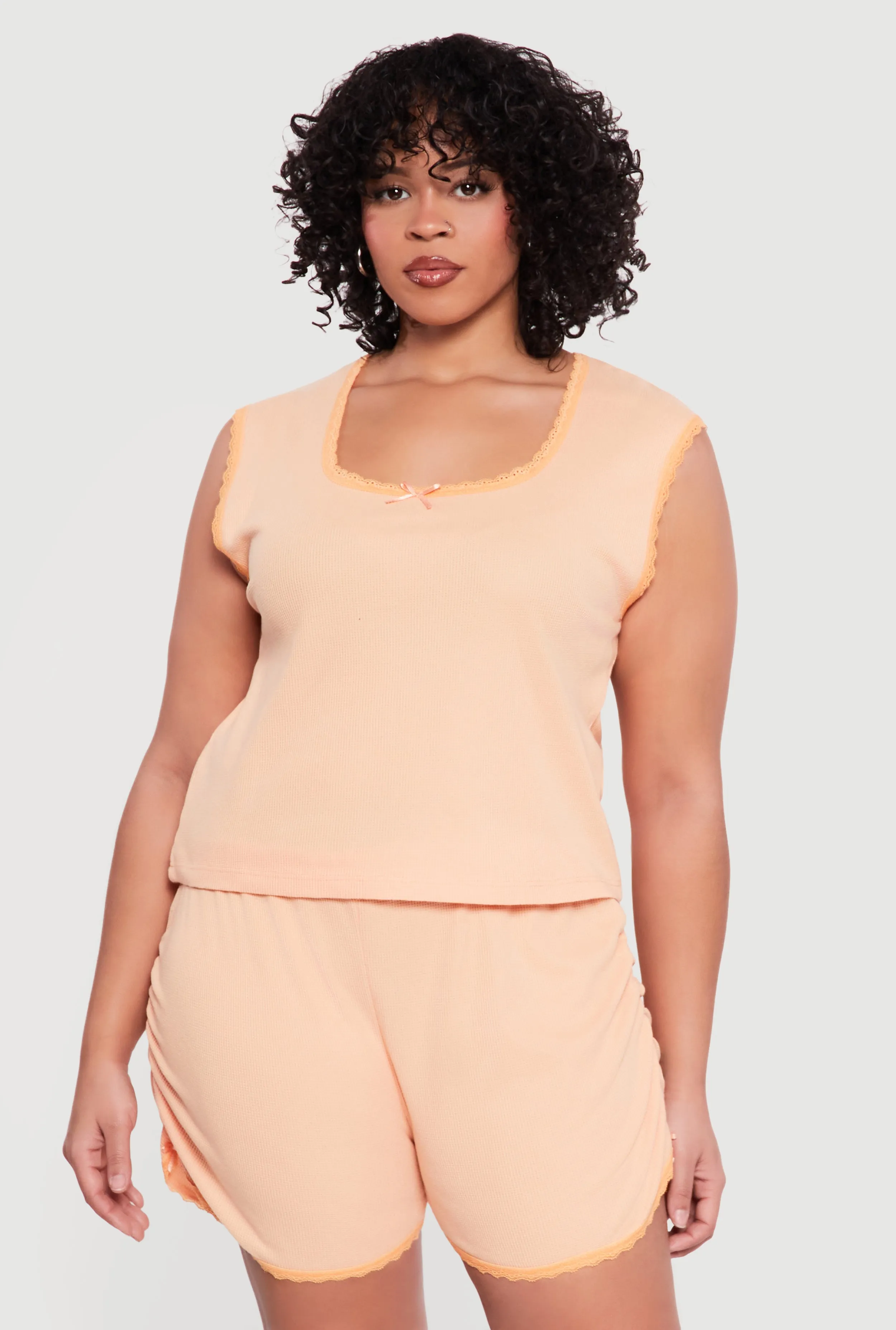 Plus Size Waffle Knit Cap Sleeve Pajama Top and Shorts sold by Rainbow