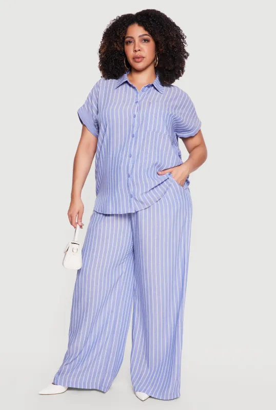 Plus Size Pinstripe Drawstring Waist Wide Leg Pants sold by Rainbow