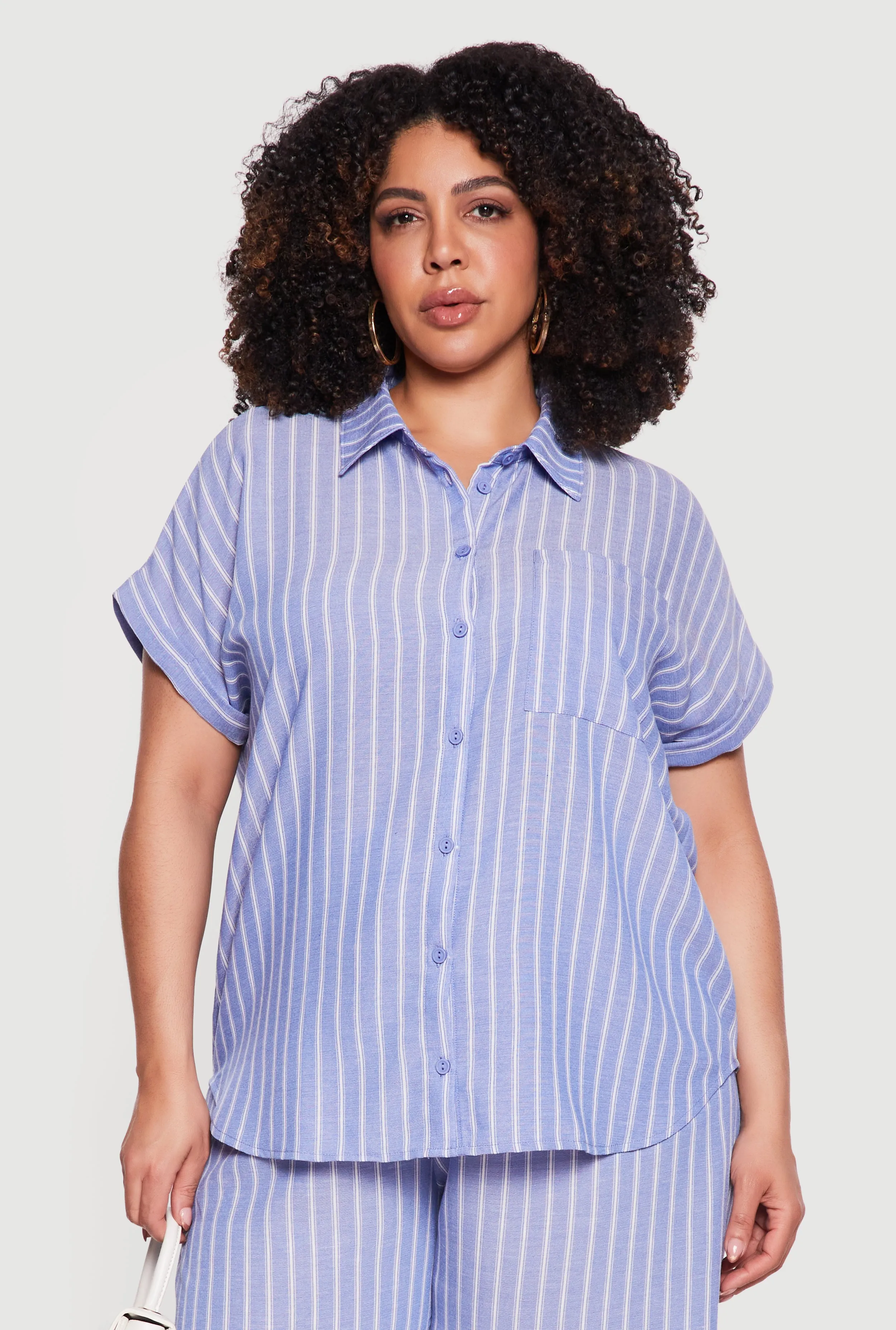 Plus Size Short Sleeve Button Front Striped Shirt sold by Rainbow