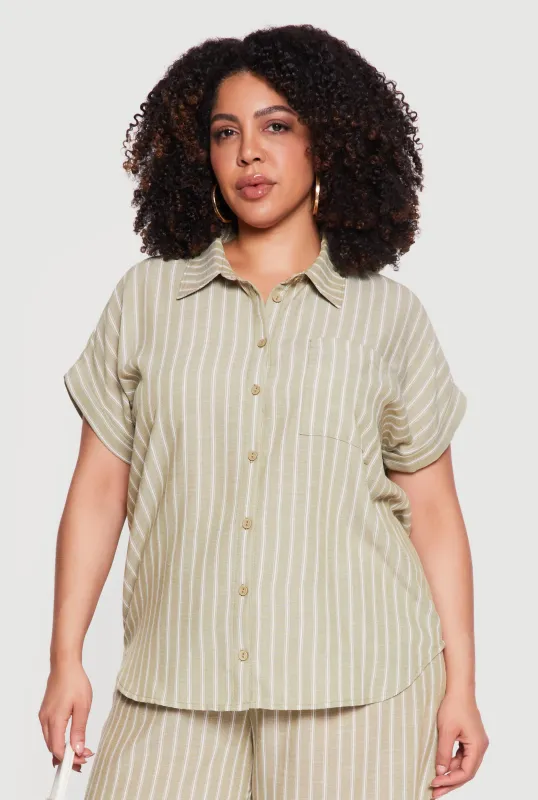 Plus Size Short Sleeve Button Front Striped Shirt sold by Rainbow