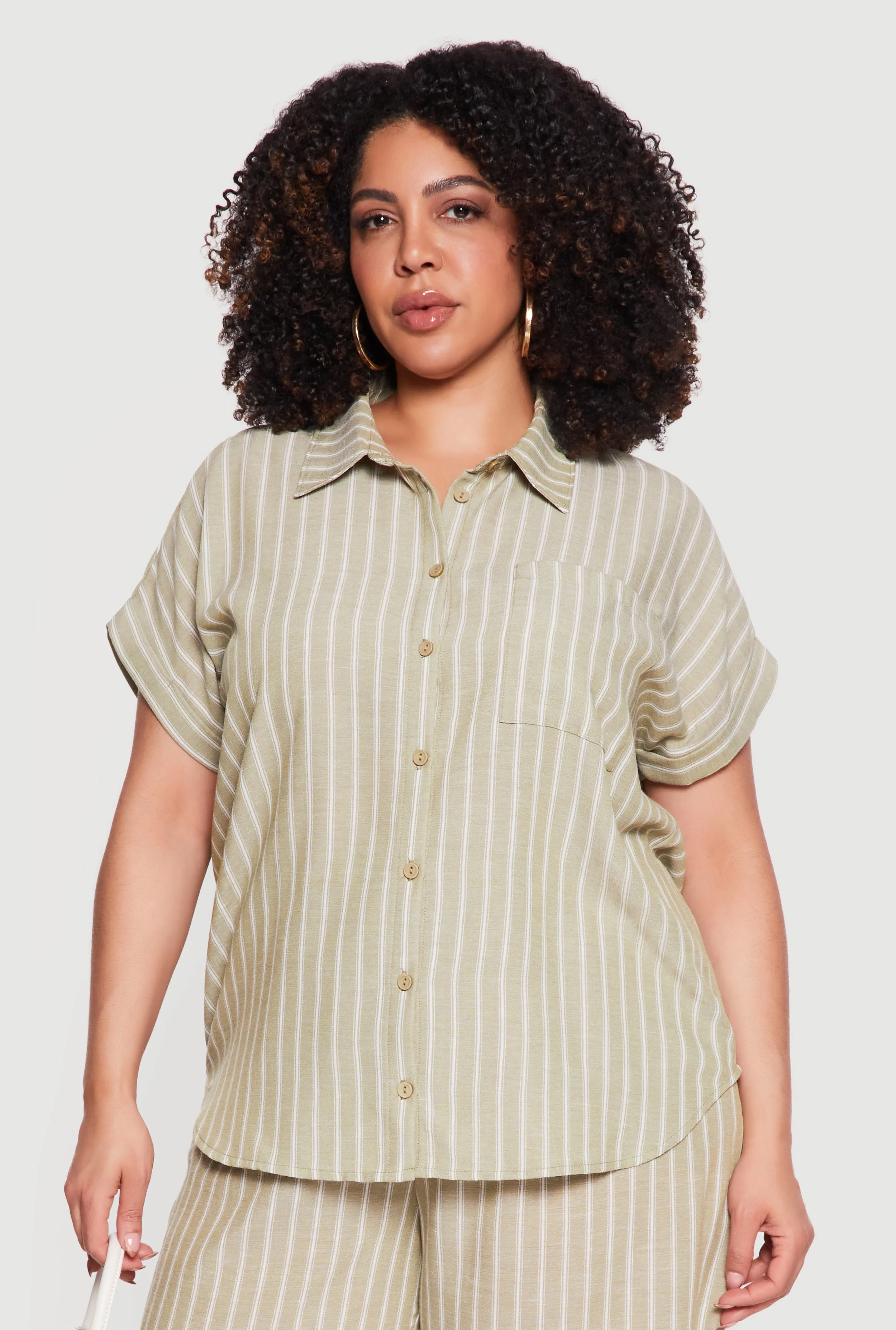 Plus Size Short Sleeve Button Front Striped Shirt sold by Rainbow