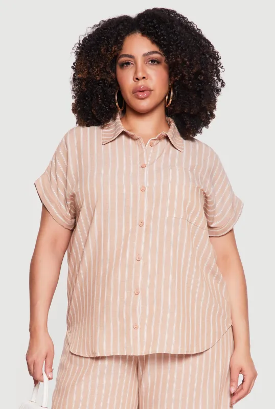 Plus Size Short Sleeve Button Front Striped Shirt made by Rainbow
