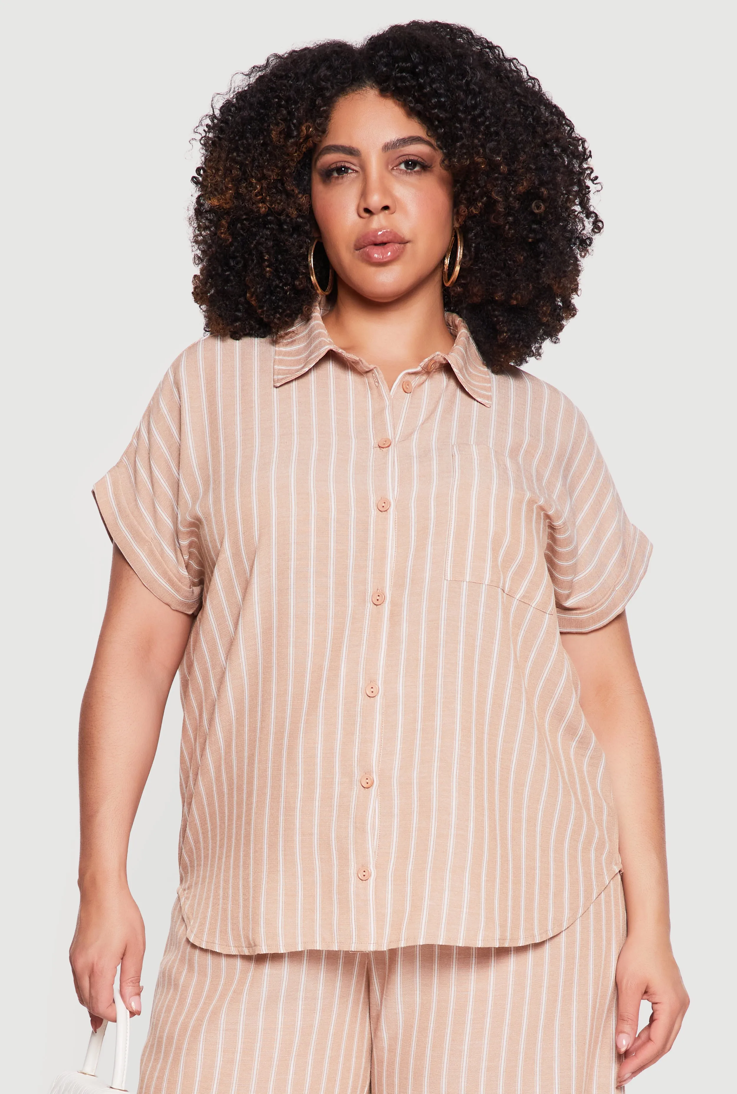 Plus Size Short Sleeve Button Front Striped Shirt sold by Rainbow