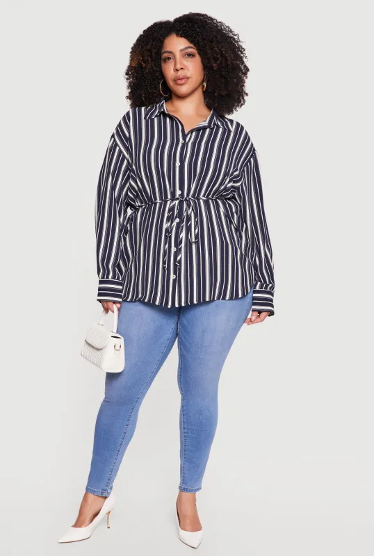 Plus Size Striped Drawstring Waist Tunic Top made by Rainbow