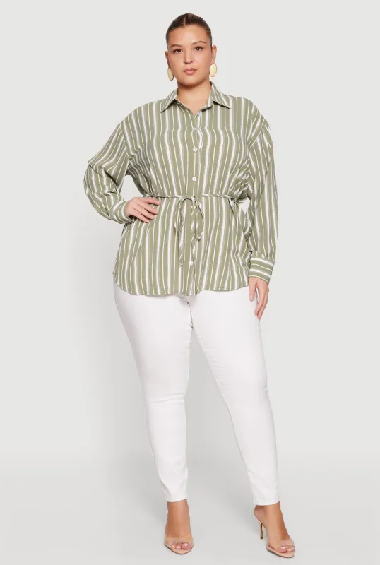 Plus Size Striped Drawstring Waist Tunic Top made by Rainbow