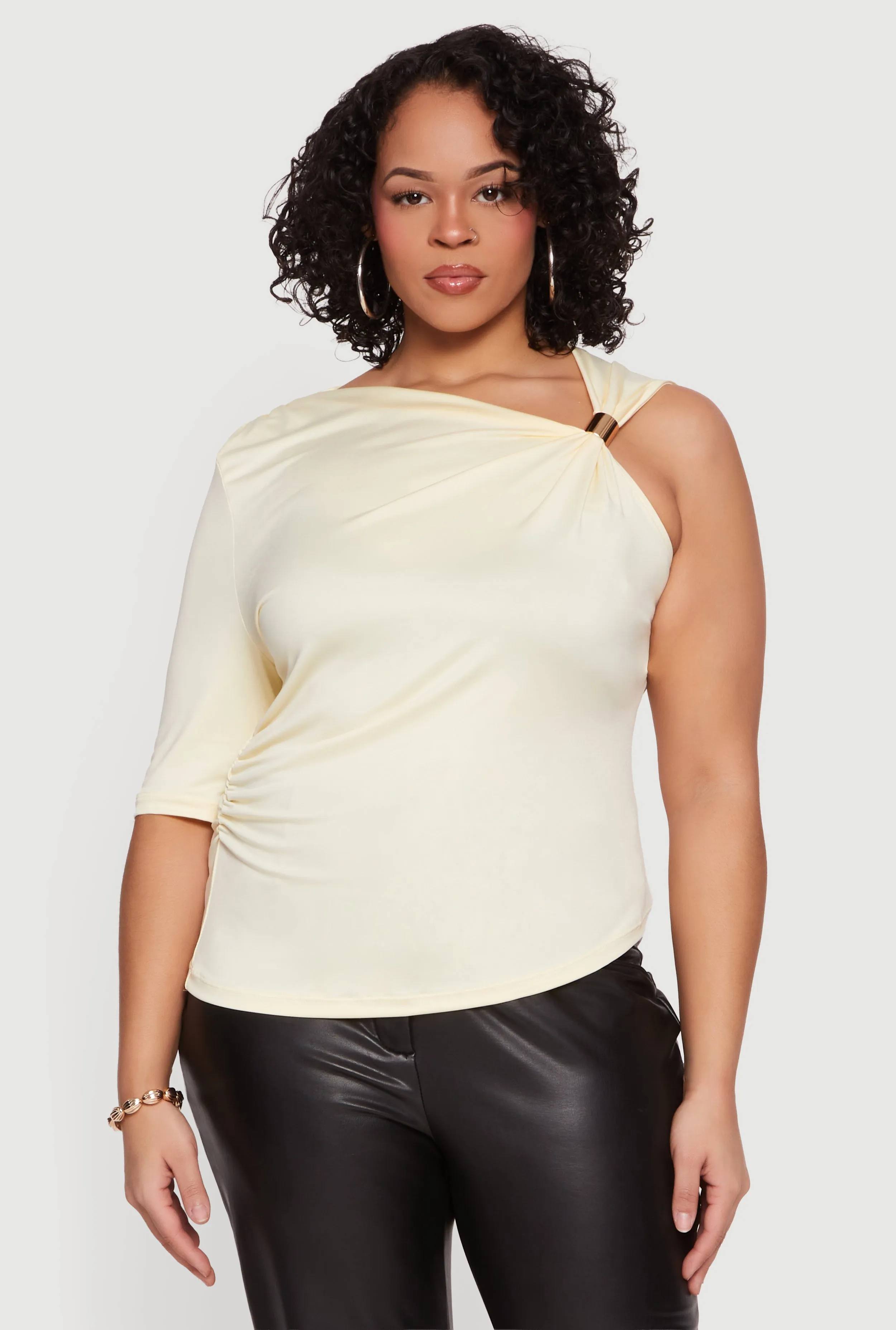 Plus Size Ruched Quarter Sleeve One Shoulder Top sold by Rainbow product image thumbnail 2