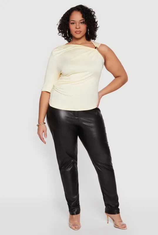 Plus Size Ruched Quarter Sleeve One Shoulder Top made by Rainbow