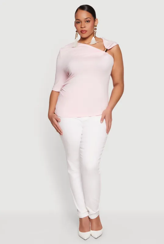 Plus Size Ruched Quarter Sleeve One Shoulder Top made by Rainbow